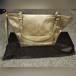 Coach Signature Stripe Studded Lurex Tote Gold 12905